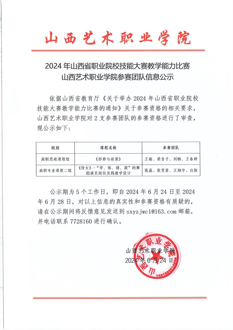 2024年山西省职业院校技能大赛教学能力比赛山西艺术职业学院参赛团队信息公示(1)_00.jpg